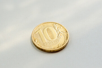 10 rubles. Russian money on the table.