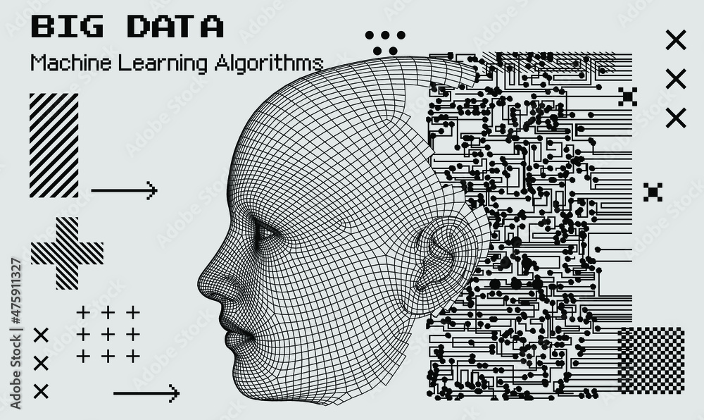 Aufkleber 3D low poly wireframe model of a human head with pixel artifacts. Conceptual image of AI (artificial intelligence), VR (virtual reality), Deep Learning and Face recognition systems.
