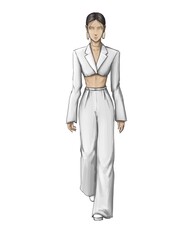 fashion sketch image of a girl with an unusual white trouser suit stylish crop jacket digital drawing
