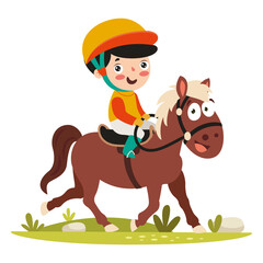 Cartoon Illustration Of A Kid Riding Horse - obrazy, fototapety, plakaty