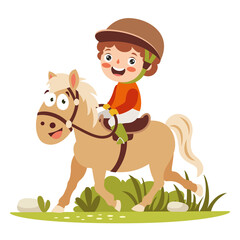 Cartoon Illustration Of A Kid Riding Horse