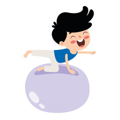 Cartoon Illustration Of A Kid Exercising On Swiss Ball