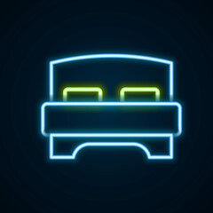 Glowing neon line Big bed for two or one person icon isolated on black background. Colorful outline concept. Vector