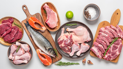 Assortment of raw meat and fish on gray pastel background. Top view, flat lay. Banner.