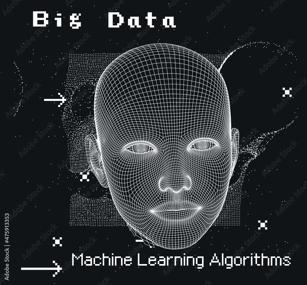 Aufkleber 3D low poly wireframe model of a human head with pixel artifacts. Conceptual image of AI (artificial intelligence), VR (virtual reality), Deep Learning and Face recognition systems.