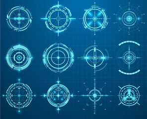 Futuristic optical military aims. Gun targets, focus range indicators. Crosshair game collimator, future targets focus. Sniper aim pointer. UI, HUD technology aiming, weapon military futuristic sight.