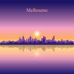 Melbourne city silhouette on sunset background