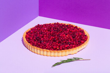Cranberry Tart. Delicious cranberry tart with jellied and fresh cranberries for Christmas on violet background