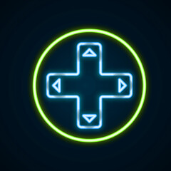 Glowing neon line Game controller or joystick for game console icon isolated on black background. Colorful outline concept. Vector