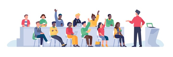 Student lecture hall. University auditorium with teacher back and students front view, course participants, higher education, young people in college vector cartoon flat isolated concept - obrazy, fototapety, plakaty