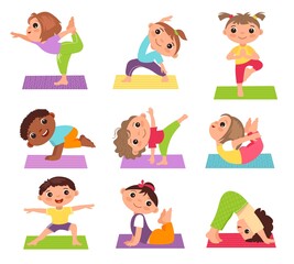 Kids yoga. Little children in stretching poses, sport and health, fitness and meditation, cute girls and boys in different poses, young athletes healthy lifestyle, vector cartoon flat isolated set
