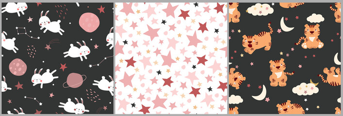 Sewing fabric with A set of seamless pattern of funny funny bunnies and ...