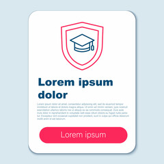 Line Graduation cap with shield icon isolated on grey background. Insurance concept. Security, safety, protection, protect concept. Colorful outline concept. Vector