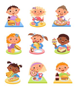 Children eat. Happy kids have breakfast, cartoon cute girls and boys dine at tables, fast food and sweet dessert. Burger, pizza and sandwich, everyday nutrition, vector cartoon flat set