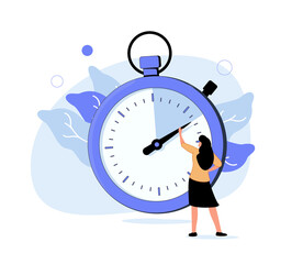 Woman looking at stopwatch and counting seconds. Concept of marketing project launch optimization, perfect timing, time.