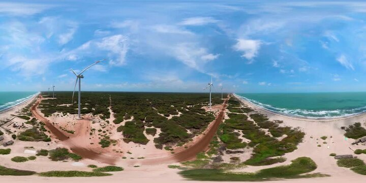 Wind turbines producing clean sustainable energy, clean energy future. Sri Lanka. Virtual Reality 360. Wind Power Station.