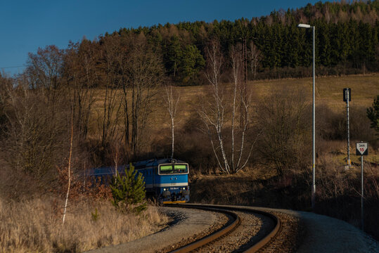 Fast passenger expres train in Kajov station in south Bohemia