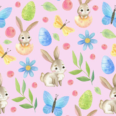 Watercolor seamless pattern. Spring Holidays. Cute Easter bunny. Flowers, butterflies, eggs, leaves.