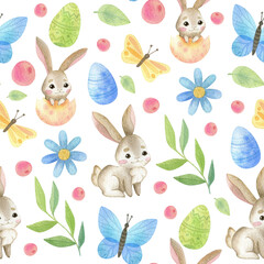 Watercolor seamless pattern. Spring Holidays. Cute Easter bunny. Flowers, butterflies, eggs, leaves. Isolated on white.