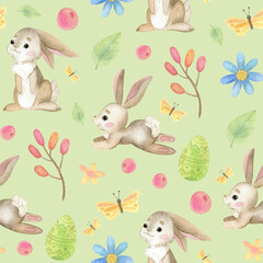 Watercolor seamless pattern. Spring Holidays. Cute Easter bunny. Flowers, butterflies, eggs, leaves. Green background