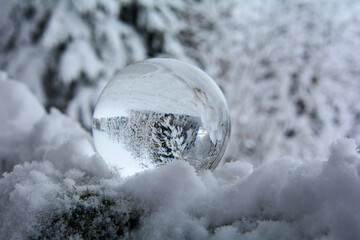 Glass ball in deep snow in the forest