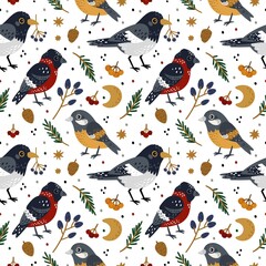 Seamless pattern winter birds. Cute christmas bluebirds, magpies and bullfinches with various twigs, berries and cones, forest backdrop. Decor textile, wrapping paper wallpaper, vector print