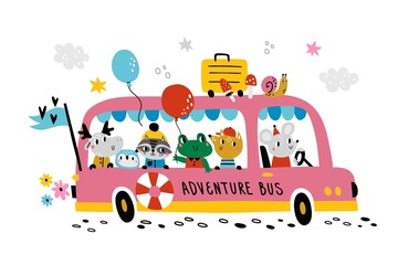 Animals bus. Cute woodland creatures in big autobus, little travelers, mouse driver, cartoon friends adventures, fun ride. Nursery decor vector cartoon doodle style isolated poster