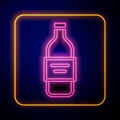 Glowing neon Glass bottle of vodka icon isolated on black background. Vector