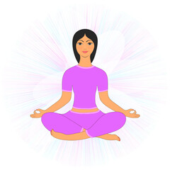 Fototapeta na wymiar easy-to-edit vector illustration The woman meditates and leaves. Conceptual illustration for yoga, meditation, relaxation, relaxation, healthy lifestyle.