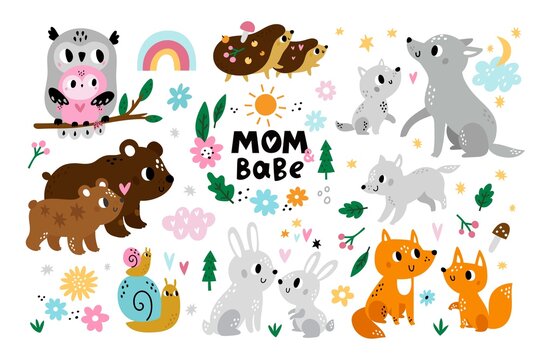 Cute parent and baby animals. Loving moms and cubs, forest animals and birds, hugging characters, wildlife mothers and kids, wild fauna families fox and bear, hedgehogs and wolves vector set