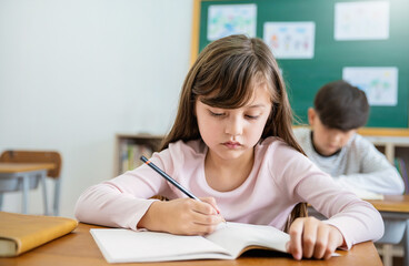 Portrait of stressful little caucasian pupil writing at desk in classroom at the elementary school. Student girl doing test in primary school. Education knowledge children writing notes in classroom.