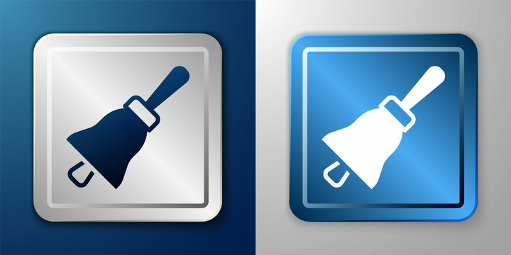 White Ringing bell icon isolated on blue and grey background. Alarm symbol, service bell, handbell sign, notification symbol. Silver and blue square button. Vector