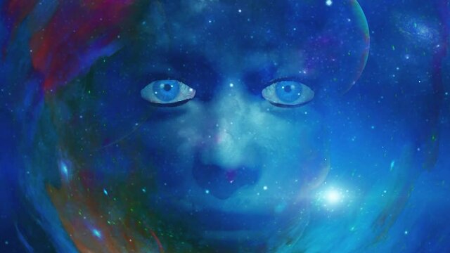Woman face in colorful space. Animation