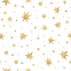 Watercolor seamless pattern with gold stars. Christmas background with hand-drawn stars. Pattern for wrapping paper, print, fabric or scrapbooking.