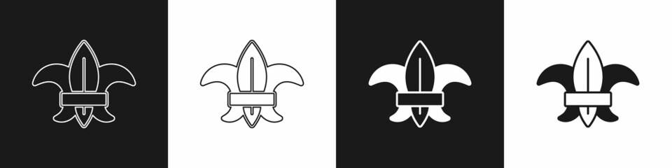 Set Fleur de lys or lily flower icon isolated on black and white background. Vector