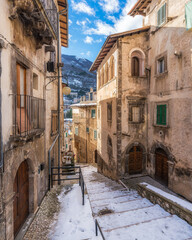 The beautiful Scanno covered in snow during winter season. Abruzzo, central Italy.