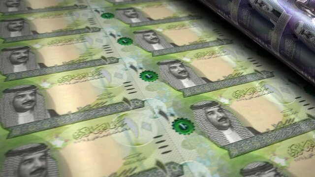 Bahrain Dinar money banknotes printing roll machine loop. Paper BHD bank note print 3d looping seamless. Abstract concept of banking, debt, finance, economy and crisis.