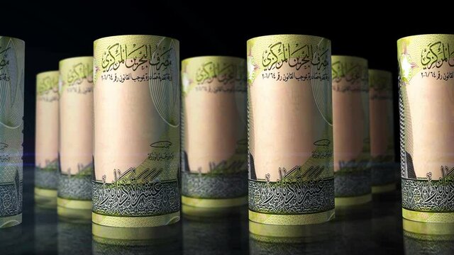 Bahrain Dinar money rolls loop 3d animation. Camera moving in front of the BHD rolling banknotes. Seamless loopable concept of economy, finance, business and debt.