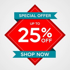 Discounts up to 25 percent, promotion label with red sticker and blue ribbon, special offers on sales promotion discounts. vector template illustration
