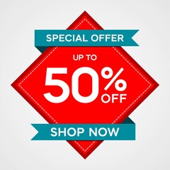 Discounts up to 50 percent, promotion label with red sticker and blue ribbon, special offers on sales promotion discounts. vector template illustration