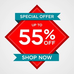Discounts up to 55 percent, promotion label with red sticker and blue ribbon, special offers on sales promotion discounts. vector template illustration