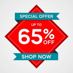 Discounts up to 65 percent, promotion label with red sticker and blue ribbon, special offers on sales promotion discounts. vector template illustration