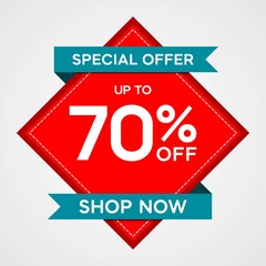 Discounts up to 70 percent, promotion label with red sticker and blue ribbon, special offers on sales promotion discounts. vector template illustration