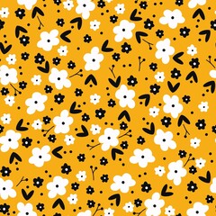 Seamless vintage pattern. white and black flowers. yellow background. vector texture. fashionable print for textiles.