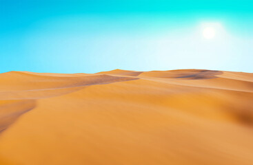 Realistic desert landscape with blue sky and sun. Beautiful sandy dunes. 3d rendering.