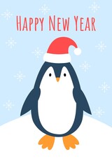 Christmas card with cute penguin. Adorable penguin in hat. Text Happy new year. Vector illustration in cartoon style.