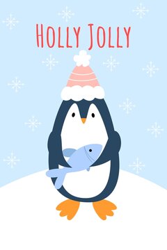 Christmas card with cute penguin. Adorable penguin with fish. Text Holly Jolly. Vector illustration in cartoon style.