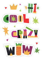 Set of stickers. Lettering cool, hi, crazy, wow. Funny cartoon letters. Unique handwritten lettering. 