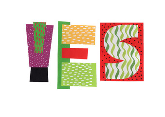 Obraz premium Lettering yes. Funny cartoon letters. Unique handwritten lettering. The letters are cut from colored paper and pasted on a white background.