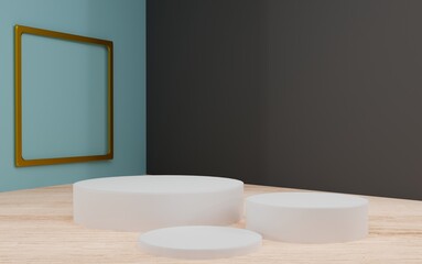 3d rendering studio with geometric shapes, podium on the floor. Platforms for product presentation, mock up background. Abstract composition in minimal design.